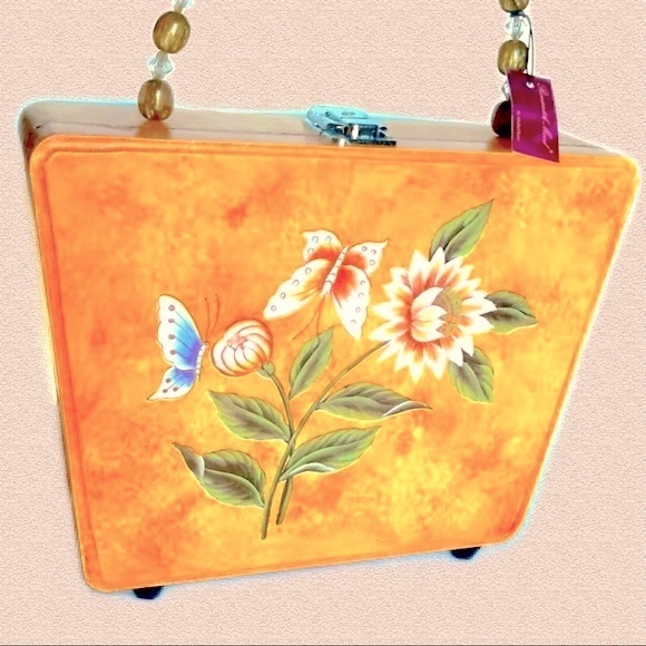 Romantik Mood Handbags - RARE WOODEN BAG Hand Painting By Michel René Artist. Authentic Vintage